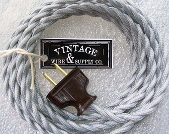 SILVER GRAY - Cloth Covered Wire - 8-ft Cordset - Rewire - Vintage Style Lamp Wire - Antique Fan Restoration