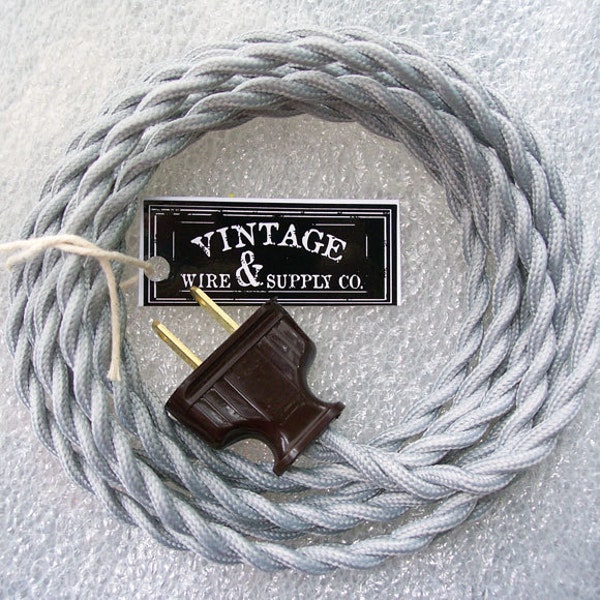 SILVER GRAY - Cloth Covered Wire - 8-ft Cordset - Rewire - Vintage Style Lamp Wire - Antique Fan Restoration