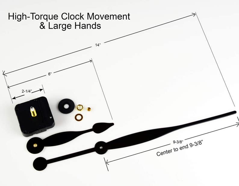 Puede incluir: Movimiento de reloj negro con una cara cuadrada de 2-1/4 pulgadas y dos manecillas de reloj negras. Las manecillas tienen 9-3/8 pulgadas de largo desde el centro hasta el extremo. El movimiento del reloj est&aacute; dise&ntilde;ado para una cara de reloj con un di&aacute;metro de 14 pulgadas.