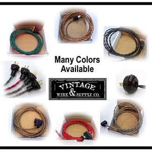 May include: Assortment of vintage electrical cords in various colours, including green, brown, black, red, and grey. The cords are coiled and displayed in boxes. The image also includes close-up shots of the cord ends and plugs. The text "Many Colours Available" and "Vintage Wire & Supply Co." is visible in the image.