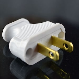 May include: A white two-prong electrical plug with gold-colored prongs.