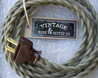 OLIVE GREEN - Cloth Covered Wire - 8-ft Cordset - Rewire - Vintage Style Lamp Wire - Antique Fan Restoration