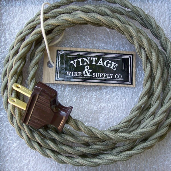 OLIVE GREEN - Cloth Covered Wire - 8-ft Cordset - Rewire - Vintage Style Lamp Wire - Antique Fan Restoration