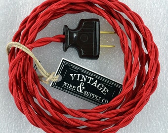 RED - Cloth Covered Wire - 8-ft Cordset - Rewire - Vintage Style Lamp Wire - Steampunk Lamp - Minimalist  - Edison Lamp