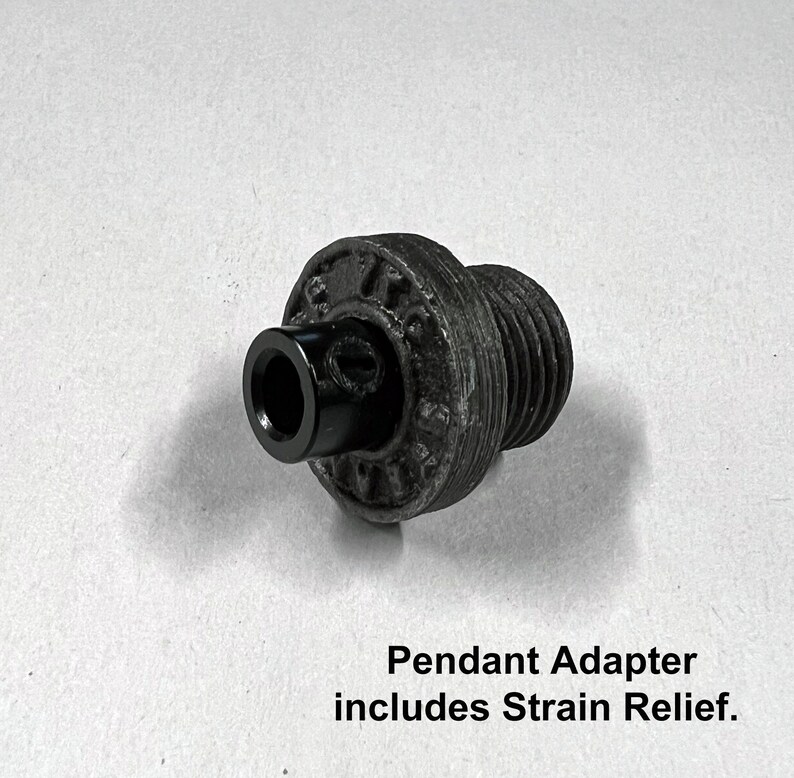 May include: Black metal pendant adapter with a strain relief. The adapter has a threaded end and a round, textured base.