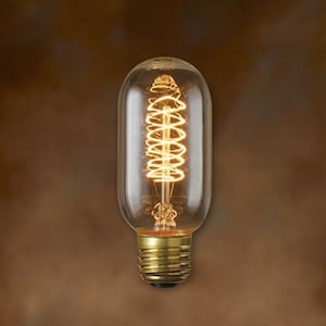 May include: A clear glass light bulb with a coiled filament. The bulb has a brass base and is lit, casting a warm glow.