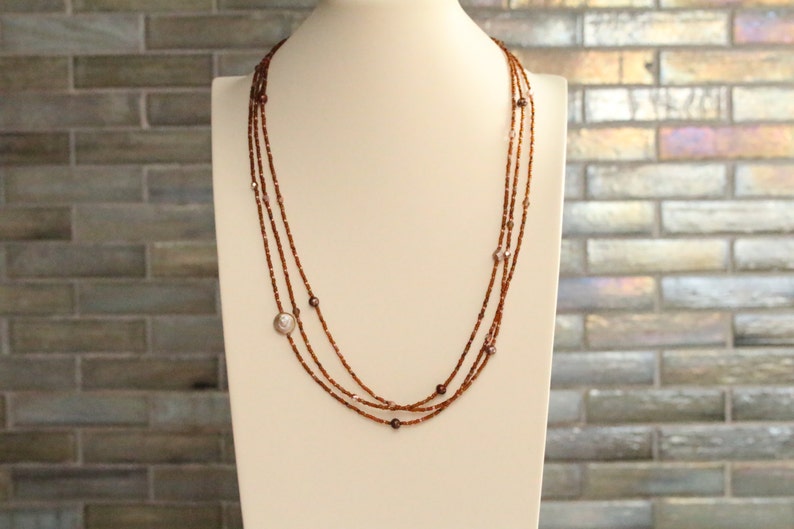 june birthday gift for her / extra long bead necklace / bronze copper necklace / fresh water pearls triple strand four strand image 2