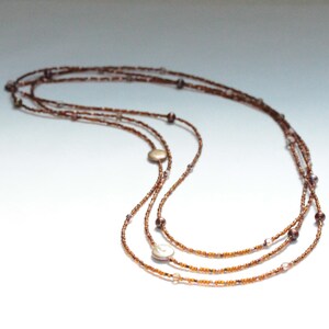 june birthday gift for her / extra long bead necklace / bronze copper necklace / fresh water pearls triple strand four strand image 5