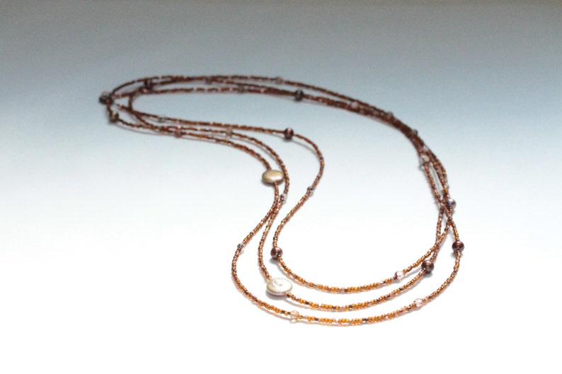 june birthday gift for her / extra long bead necklace / bronze copper necklace / fresh water pearls triple strand four strand image 5