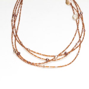 june birthday gift for her / extra long bead necklace / bronze copper necklace / fresh water pearls triple strand four strand image 1
