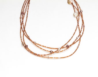 june birthday gift for her / extra long bead necklace / bronze copper necklace / fresh water pearls triple strand four strand