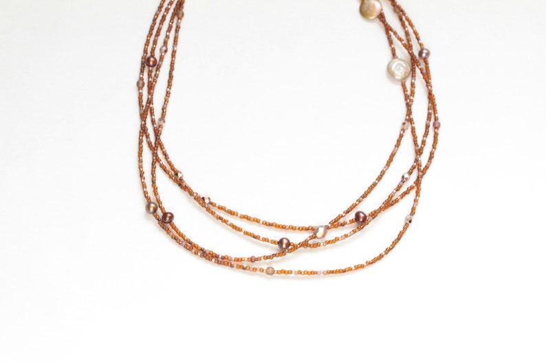 june birthday gift for her / extra long bead necklace / bronze copper necklace / fresh water pearls triple strand four strand image 1