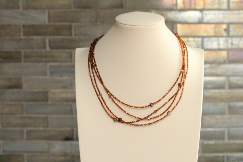 june birthday gift for her / extra long bead necklace / bronze copper necklace / fresh water pearls triple strand four strand image 3