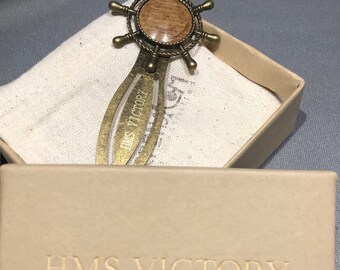 Antiqued Brass Nautical Ships Wheel Bookmark made with Oak from the HMS Victory