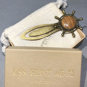 Historical Antique Brass Bookmark made with Wood from USS FLINT AE-32