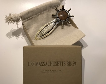 Historical Bookmark made with Teak Decking from the USS Massachusetts BB-59