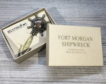 Historical Bookmark made with wood from the Fort Morgan Shipwreck