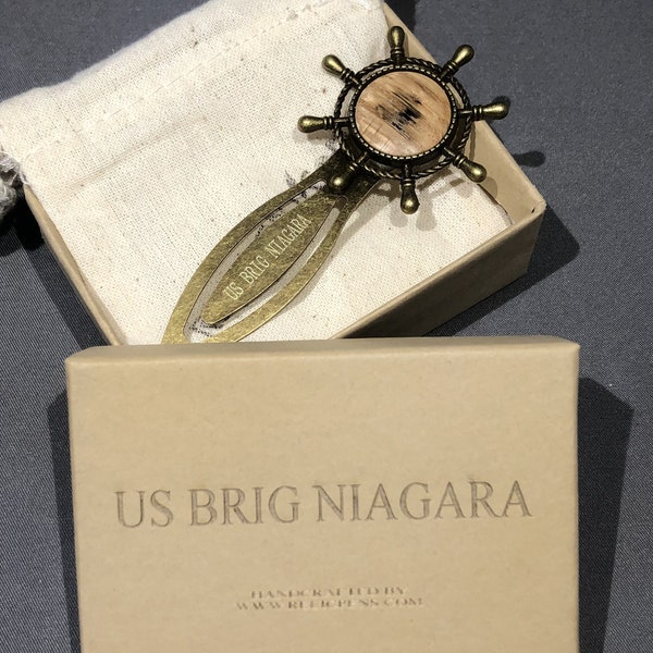 Antiqued Brass Nautical Ships Wheel Bookmark made with Oak from the US Brig Niagara