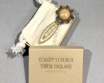 St. Mary's Church in Thirsk England  Historical Bookmark made with Oak from the Belfry of the Church