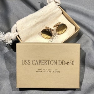 Historical Cuff links made from a Brass Alarm Bell removed from the USS Caperton DD-650