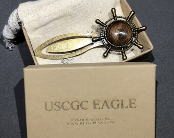 Antiqued Brass Nautical Ships Wheel Bookmark made with Teak from the US Coast Guard Cutter Eagle