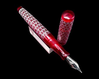 Artisan Handmade Dragon Scales Fountain Pen Choice of #6 Nib Translucent Red with Silver Scales Resin