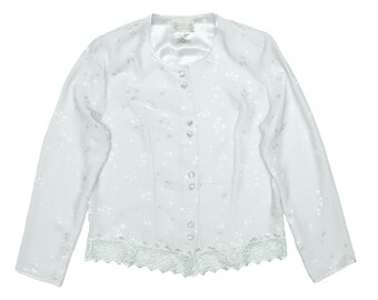 Vintage Pajama Style Blouse / Blouse Satin Floral Lace Button Down Shirt Top / White Long Sleeve / Size XXS / 80s 90s
