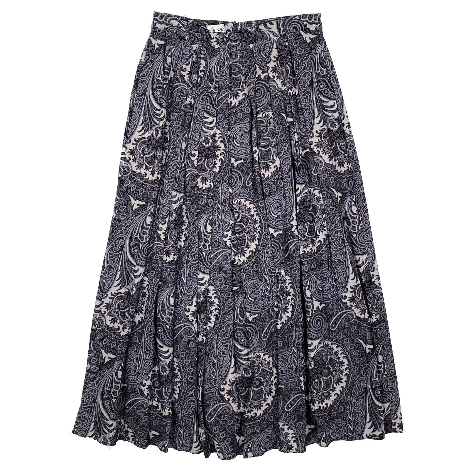 Vintage Pleated Paisley Midi Skirt / Grey Black Full Knee Etsy