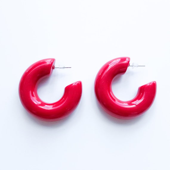 Vintage Red Acrylic Open Hoop Earrings / Pierced Plastic Hoops Chunky ...