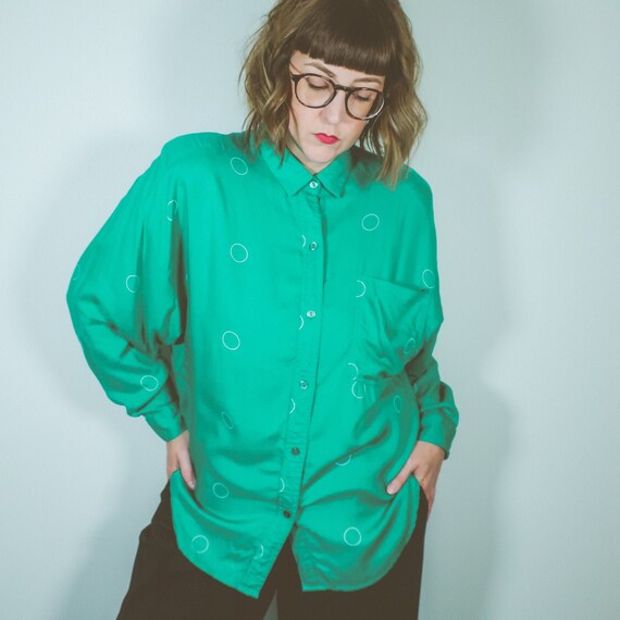 Vintage Green Blouse / 80s 90s Button 