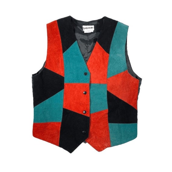 Vintage Patchwork Suede Vest / Leather Snaps 80s 9