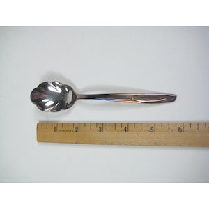 May include: A silver-colored spoon with a scalloped bowl and a slender handle. The spoon is approximately 6 inches long. A wooden ruler with inch markings is next to the spoon.