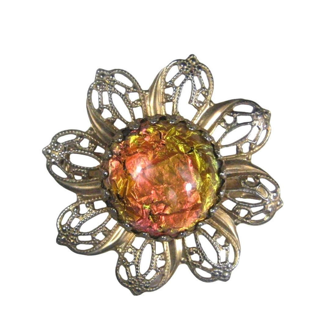 Vintage 1960 Jewelry Plastic Cabochon Foil Art Brooch Pin Goldtone - Main Image