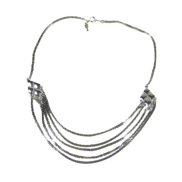 Crown Trifari Layered Silvertone Chain Necklace 16 Inch Vintage 1970 Choker