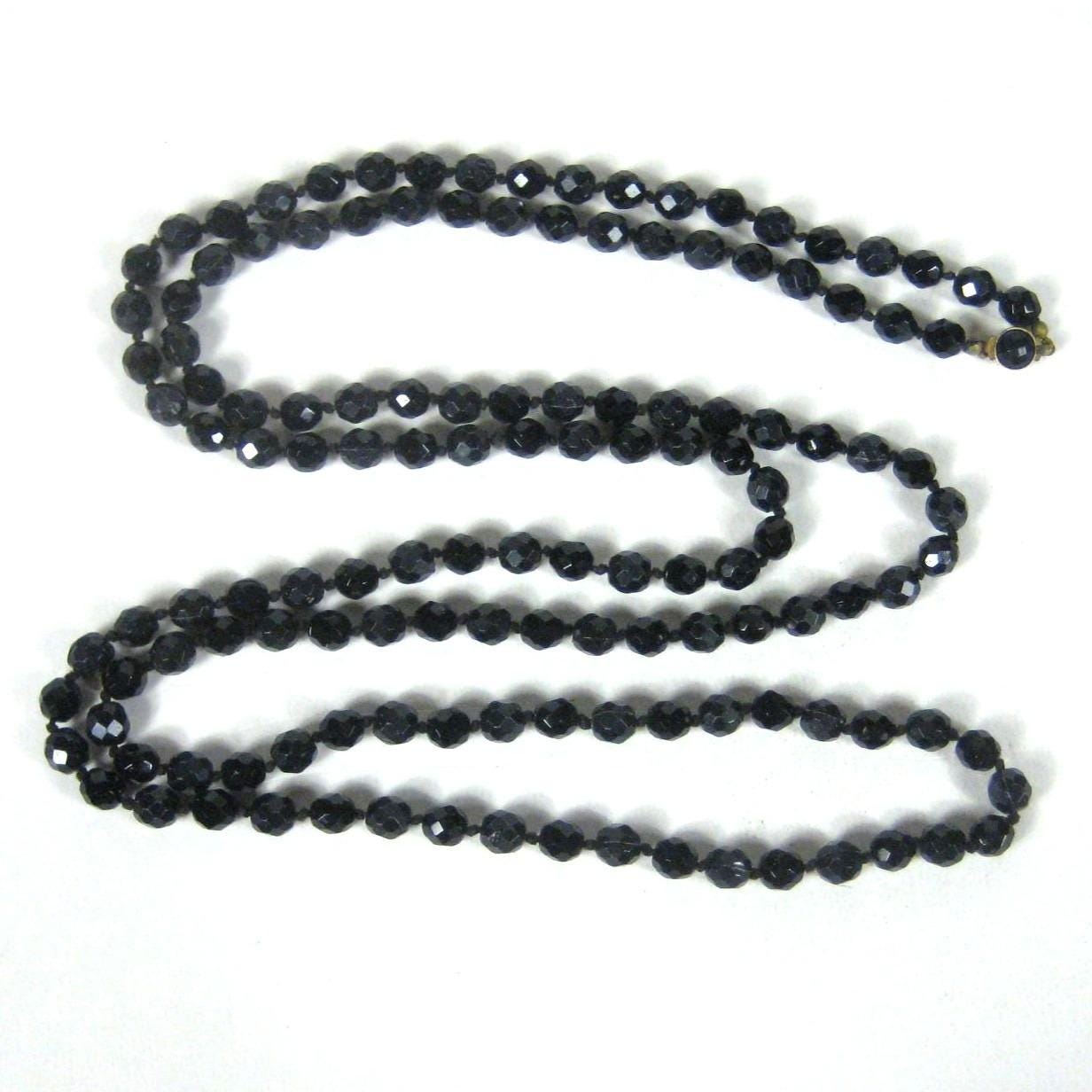 Made in Austria Black Crystal and Plastic Bead Long Necklace Glass Faceted 57 in
