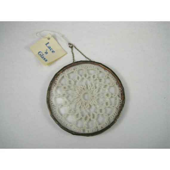 Vintage Lace n Glass Antique Tatting Wall Hanging Round Ornament