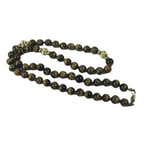 Tiger Eye Beaded Necklace 26 Long Single Strand Knots 14k Gold Filled Clasp VTG
