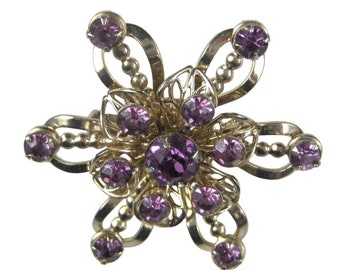 Purple Rhinestone MCM Brooch Pin Goldtone Vintage 1960 Estate Snowflake MOD