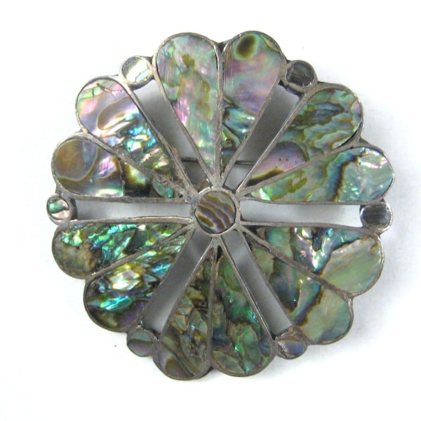Taxco Mexico Vintage Sterling Silver Abalone Shell Inlay Brooch Pin Brooche RU