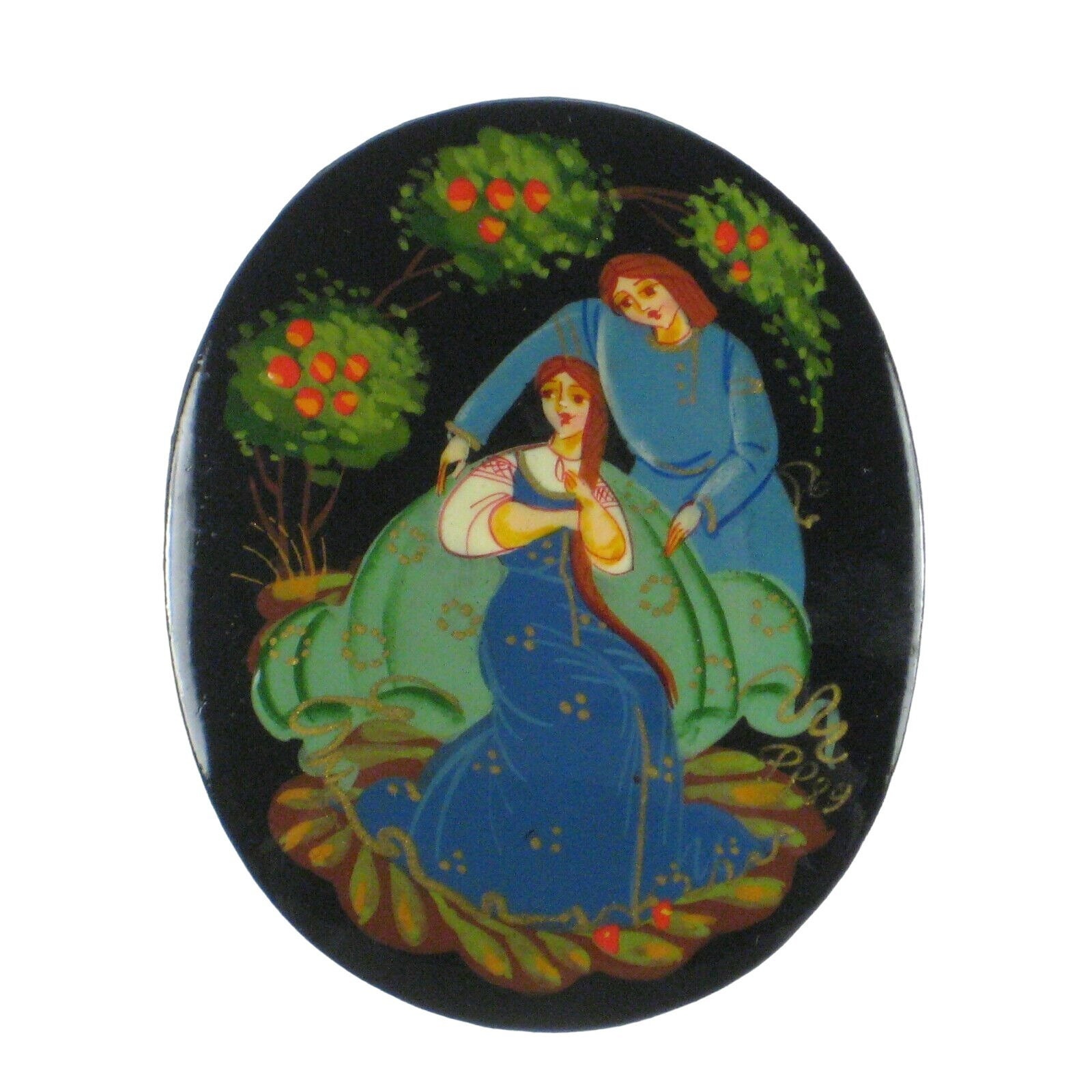 GRANDE BROCHE ANCIENNE Russe fleurs peint main sur bois signée vintage