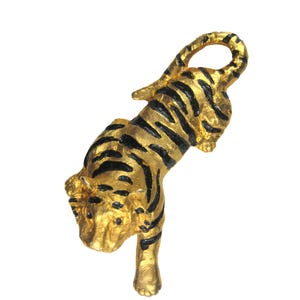 Vintage Goldtone Black Enamel Tiger Cat Brooch Pin Large Statement 3 inch Feline