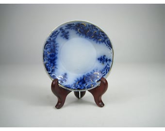 Antique Flow Blue Small Blue White Plate Floral Design Gold Accents