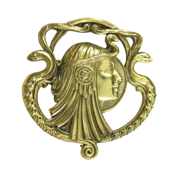 TMM Egyptian Revival Gold Tone Brooch Goddess Serpents Signed