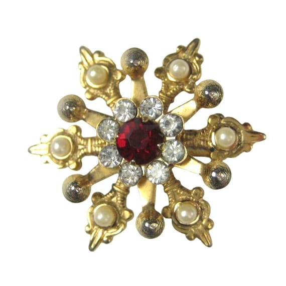 Faux Pearl Rhinestone MCM Brooch Pin Goldtone Vin… - image 1