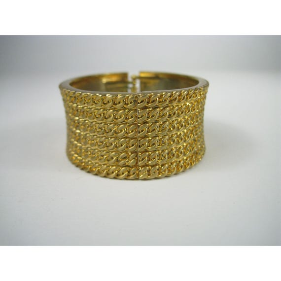 Gold Tone Wide Hinged Statement Bangle Bracelet C… - image 6