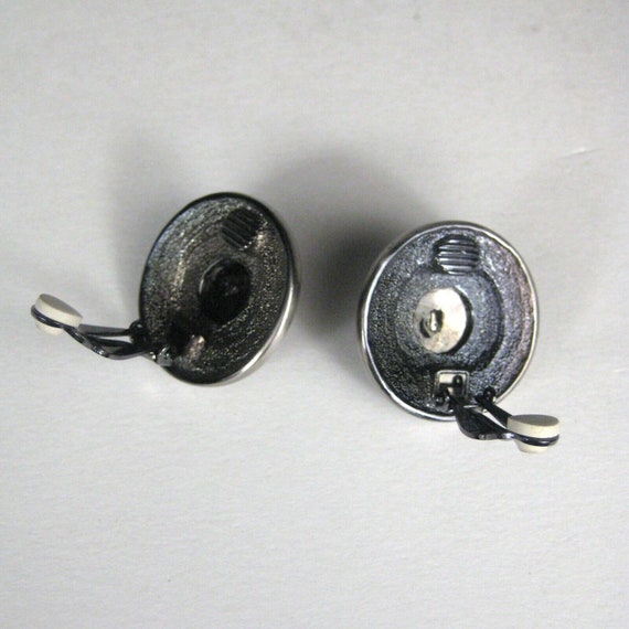 Boucles D'oreilles Clips Vintage Années 60-70 - En Plastique Noir Et Blanc, Occasion (porté)