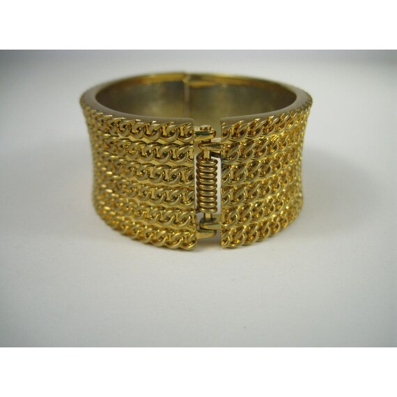 Gold Tone Wide Hinged Statement Bangle Bracelet C… - image 8