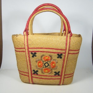 1960s Vintage Rockabilly Straw Hand Bag Purse Summer Beach Flower