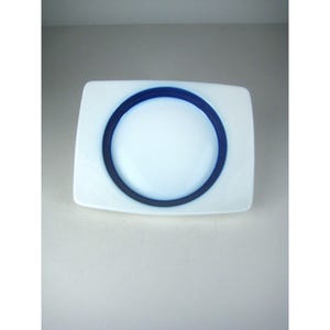 May include: A white, rectangular plate with rounded corners. A dark blue ring encircles a lighter blue center. The plate is a simple, modern design, suitable for serving food or as a decorative piece.