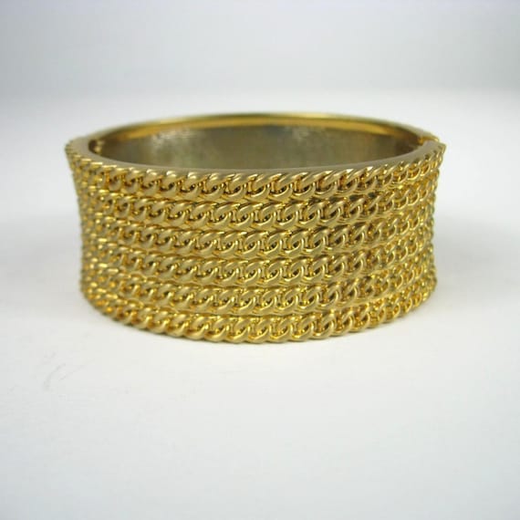 Gold Tone Wide Hinged Statement Bangle Bracelet C… - image 1